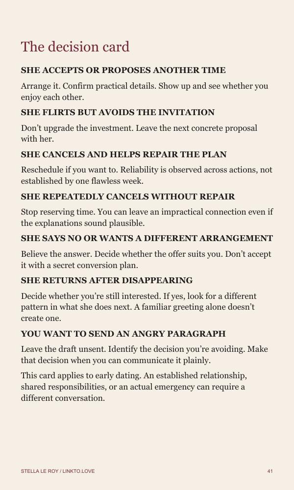 The decision card from the book, with seven situations and suggested responses